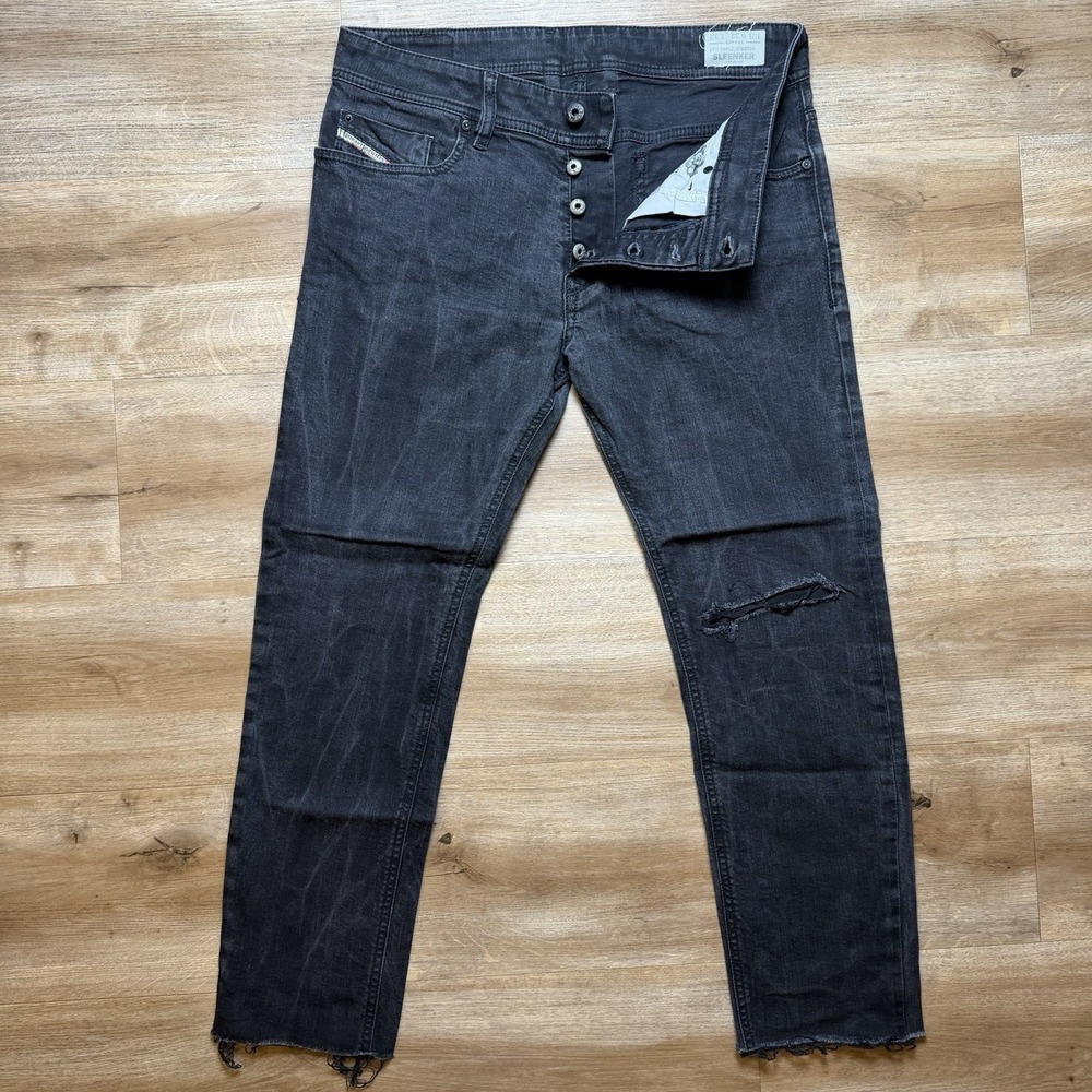 Diesel Sleenker Jeans Men 32x26 Black Slim Skinny Fit Distressed Raw Hem 0886Z